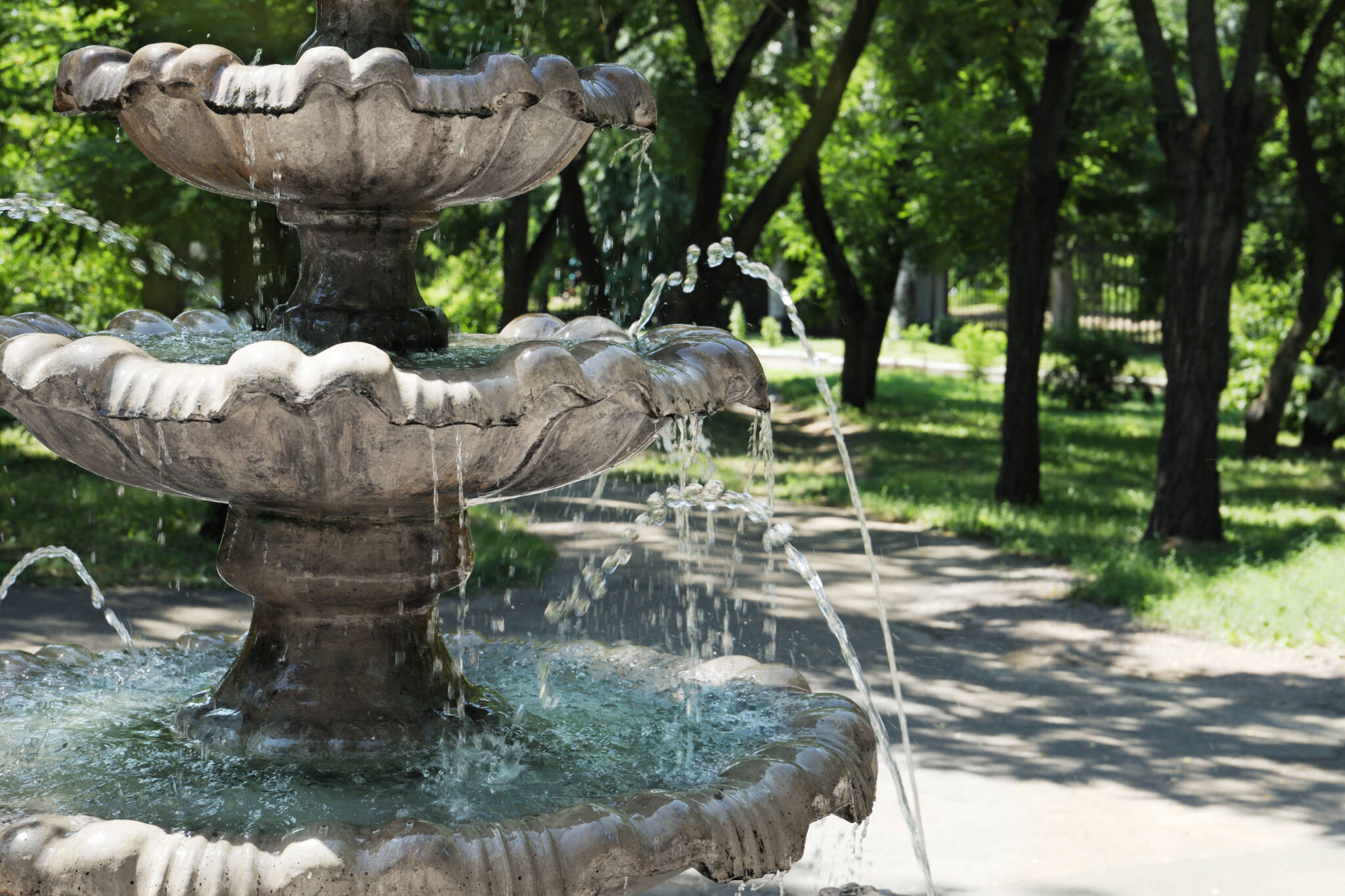 Beautiful View Of Fountain In Park On Sunny Day